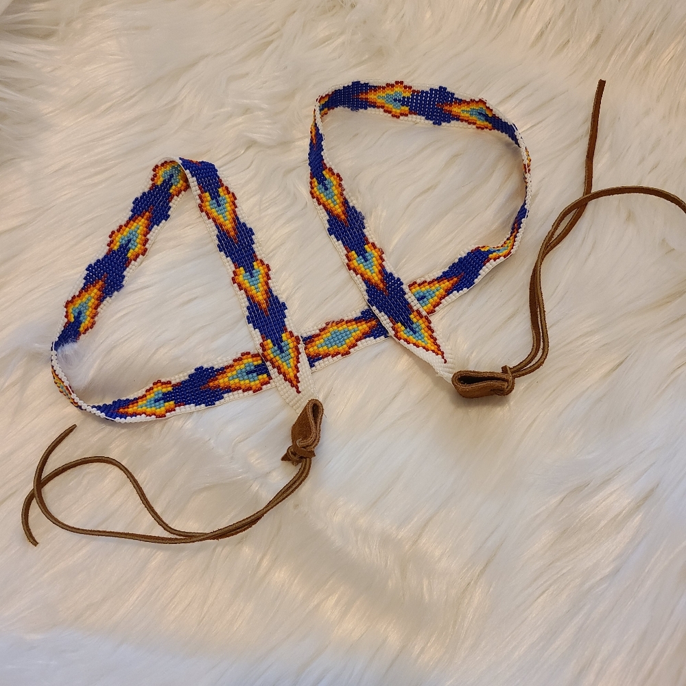 Southwestern Beadwork Aztec Fringe Belt Hat Band Multicolor Handmade Leather - Picture 2 of 3